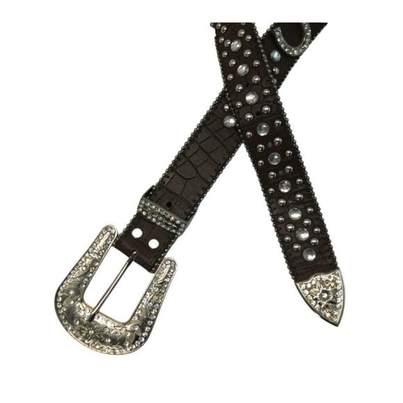 Rhinestone Western Leather Belt Size M Nocona Horseshoe Silver Buckle Rodeo - Picture 2 of 4